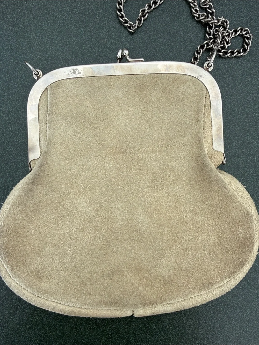 Vintage-Style Taupe beige Suede Evening Crossbody Bag with Silver Frame